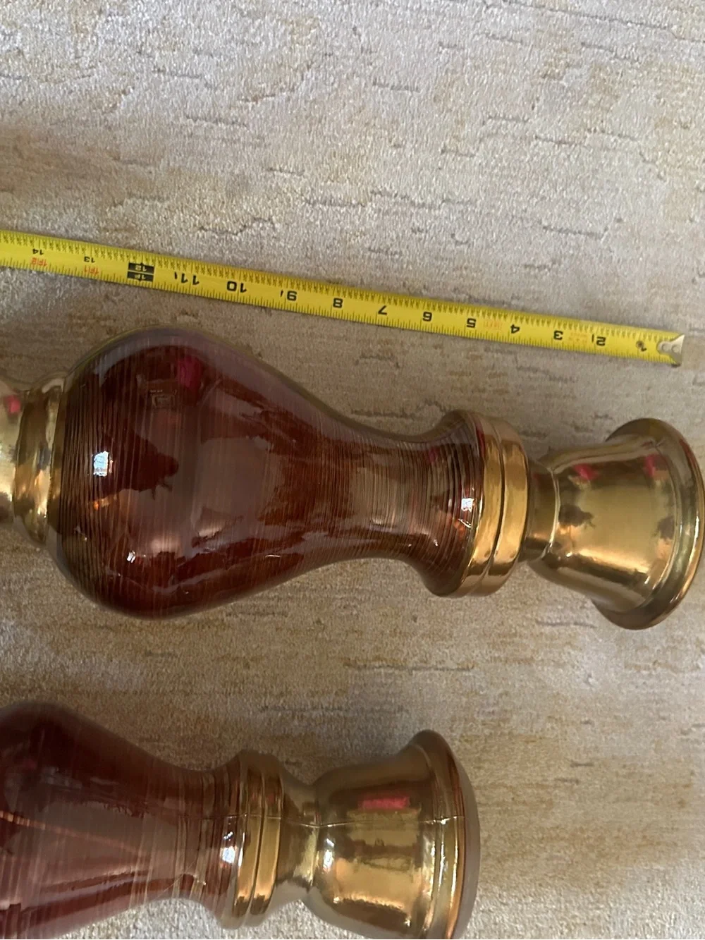 Brass and Amber Glass Candle Holders with Brown Gradient Pillar LED Candles